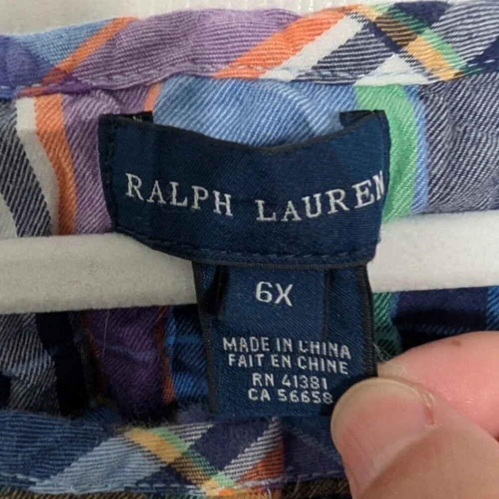 Ralph Lauren Plaid Dress Girls Size 6X Blue Roll Tab Sleeves Long Sleeve Preppy
